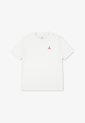 White cotton t-shirt with short sleeves, featuring a small red Jumpman logo on the chest. Simple design, crew neck, no patterns or accents.