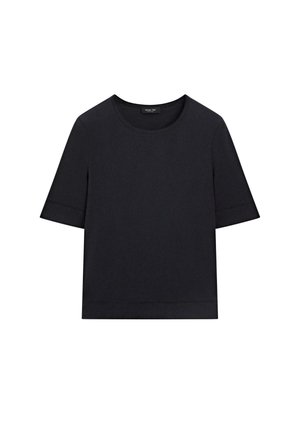 Sort kortærmet T-shirt med rund halsudskæring, opbukkelige manchetter og lige kant, lagt fladt ud mod en hvid baggrund.