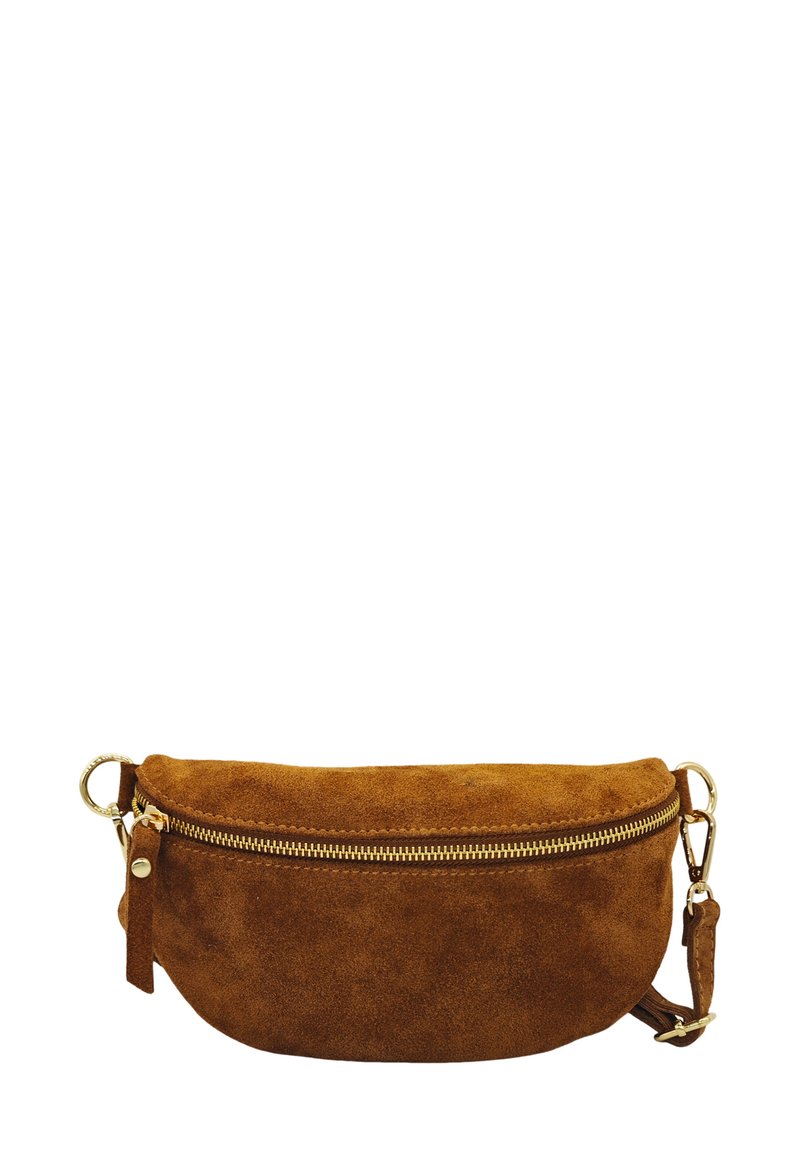 Sac bandoulière en daim marron avec une forme arrondie, fermeture éclair dorée et sangle réglable. Texture lisse avec un design minimaliste.