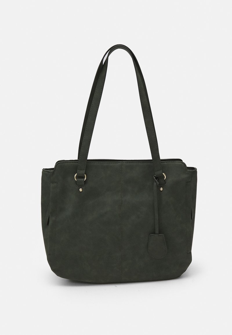 Sac cabas en cuir vert foncé avec de longues lanières, design simple et une étiquette en cuir suspendue sur le côté droit.