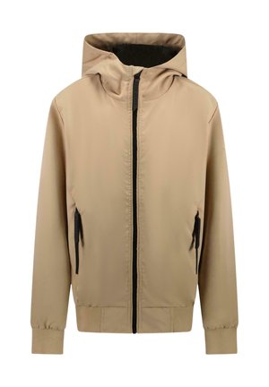 Beige gewatteerde jas met capuchon, ritssluiting aan de voorkant, zijzakken, elastische manchetten en een gladde afwerking. Zwarte ritssluiting en zakaccenten.