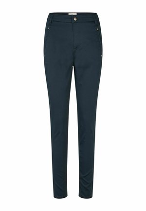 Tmavomodré slim-fit nohavice so zapínaním na gombík, s prednými a bočnými vreckami, navrhnuté pre čistú, modernú siluetu.