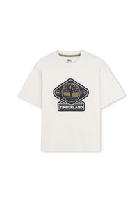 Witte katoenen t-shirt met een groot zwart en gouden Timberland-logo met boomembleem en de tekst "Est. 73" binnen een geometrische vorm.