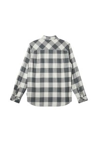 Camicia a maniche lunghe a quadri grigio e bianco, in cotone misto, con polsini a bottone, vestibilità comoda, con dettaglio sulla spalla e piega posteriore per facilitare i movimenti.