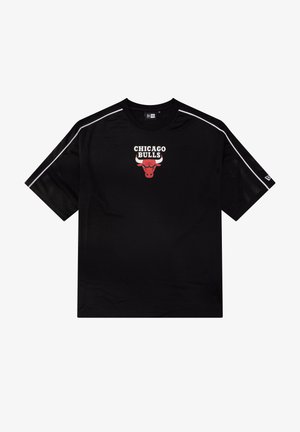 Black mesh sports T-shirt with white shoulder stripes, Chicago Bulls text and red bull head logo centered on the chest.