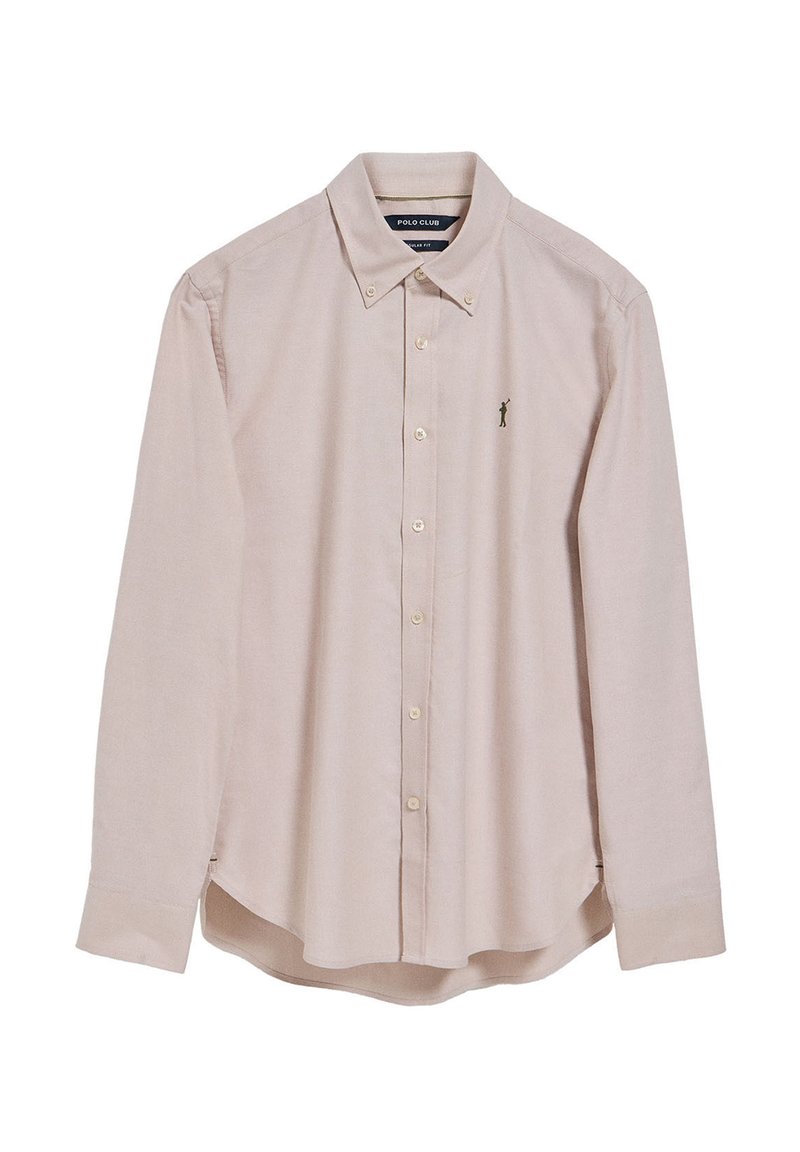 Camicia button-up a maniche lunghe di cotone rosa chiaro. Presenta un colletto a punta, patta dei bottoni frontale e un piccolo logo ricamato sul petto.