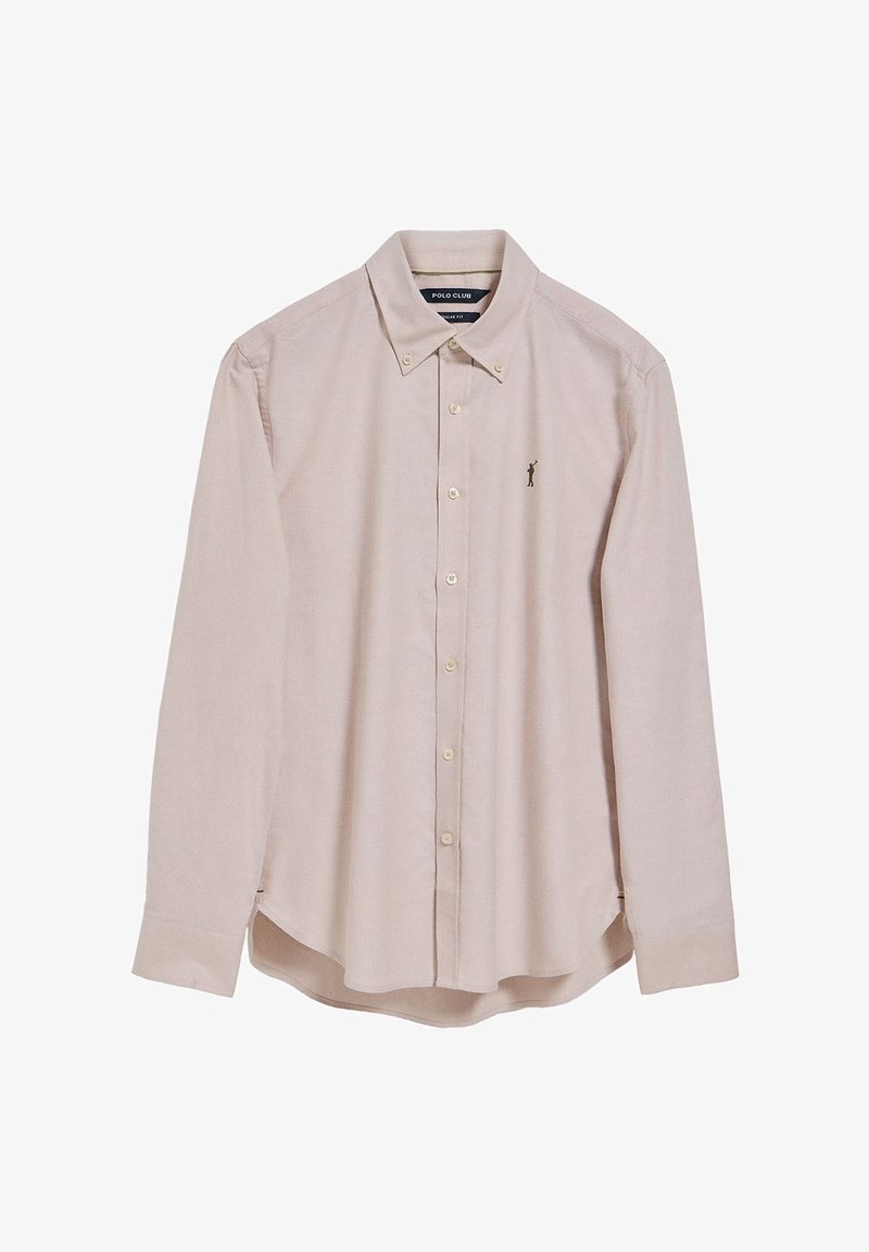 Camicia button-up a maniche lunghe di cotone rosa chiaro. Presenta un colletto a punta, patta dei bottoni frontale e un piccolo logo ricamato sul petto.