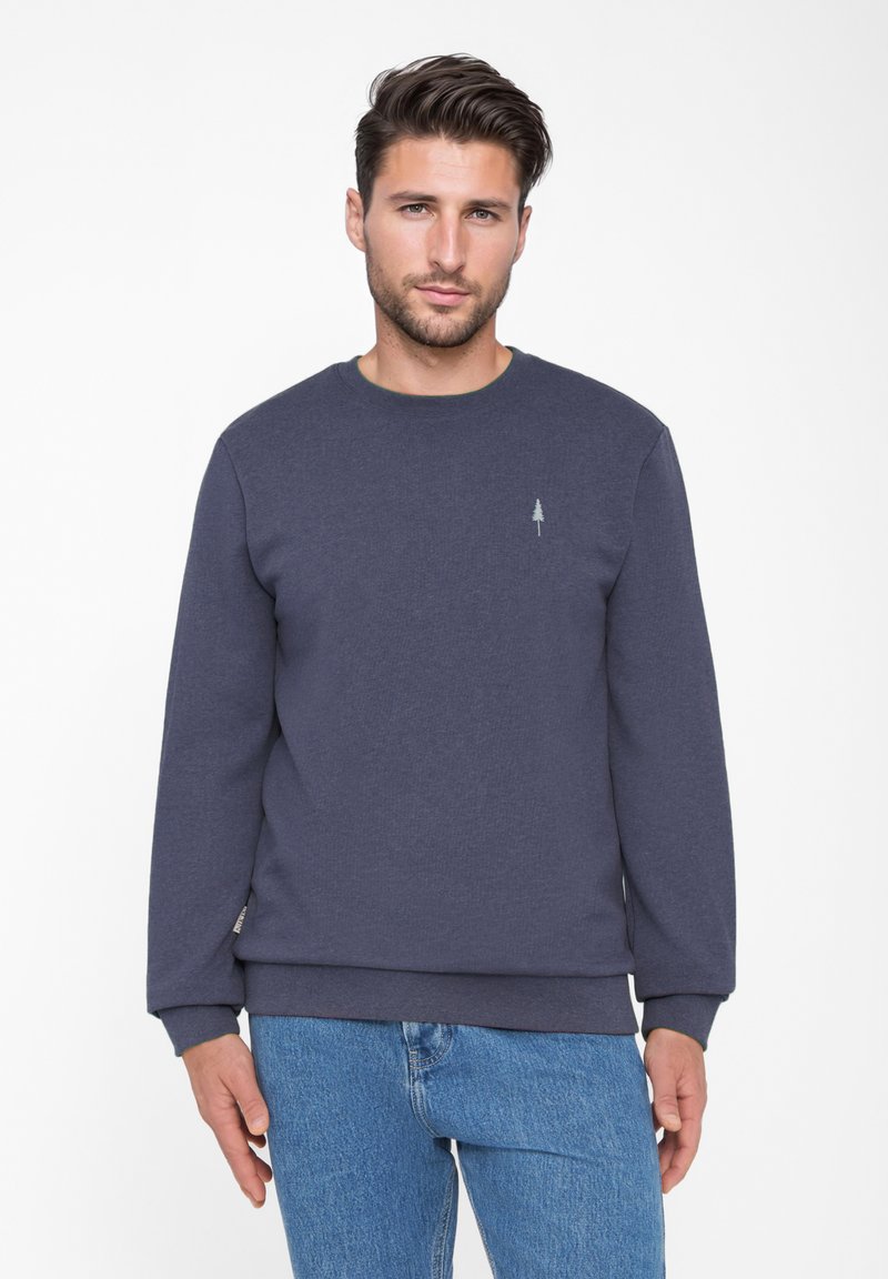 Sweatshirt in Marineblau aus strukturiertem Stoff, mit einem Rundhalsausschnitt, langen Ärmeln und einem kleinen Baum-Logo auf der Brust. Bequeme Passform.