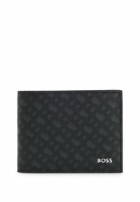 Black bifold wallet made of textured leather, featuring a subtle geometric pattern and a silver brand logo on the lower right corner.