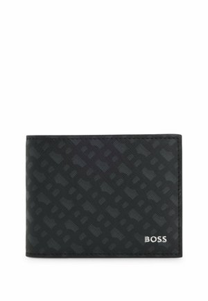 Black bifold wallet made of textured leather, featuring a subtle geometric pattern and a silver brand logo on the lower right corner.