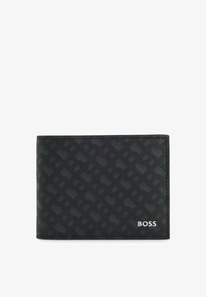 Portefeuille bifold noir en cuir texturé, avec un motif géométrique subtil et un logo de marque argenté dans le coin inférieur droit.