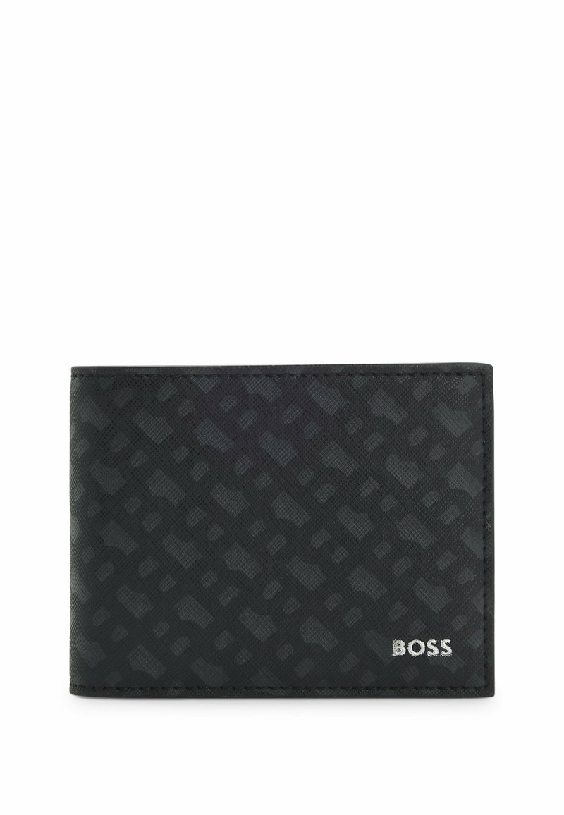 Black bifold wallet made of textured leather, featuring a subtle geometric pattern and a silver brand logo on the lower right corner.