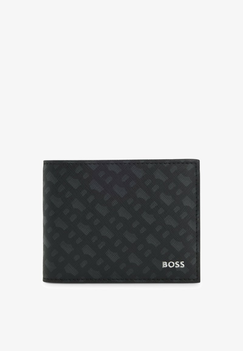 Black bifold wallet made of textured leather, featuring a subtle geometric pattern and a silver brand logo on the lower right corner.