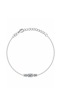 Bracciale in argento con una pietra centrale scintillante circondata da due pietre più piccole. Design delicato con chiusura a moschettone.