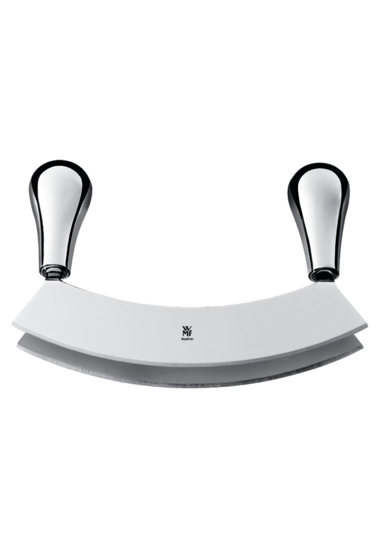 Wüsthof gebogen mes met twee zwarte, gebogen handgrepen en een dubbel-blad ontwerp. Roestvrijstalen messen hebben een gepolijste afwerking.