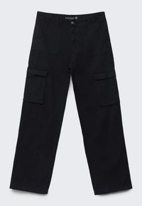 Pantalon cargo noir à coupe ample ; doté de deux grandes poches latérales, de poches avant et d'une fermeture à bouton ; fabriqué en tissu robuste.