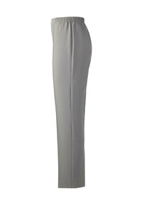 Lichtgrijze, elastische broek met een rechte pijp, gemaakt van zachte stof, met een gladde textuur en zonder zichtbare patronen of accenten.
