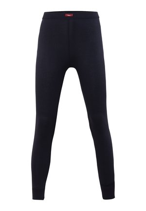 Leggings neri realizzati in un tessuto elastico e morbido. Hanno una ampia vita elasticizzata e un design aderente che si stringe alla caviglia.