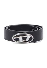 Black leather belt with a shiny silver oval buckle featuring a stylized logo. Smooth texture, roll design, and multiple adjustment holes.
