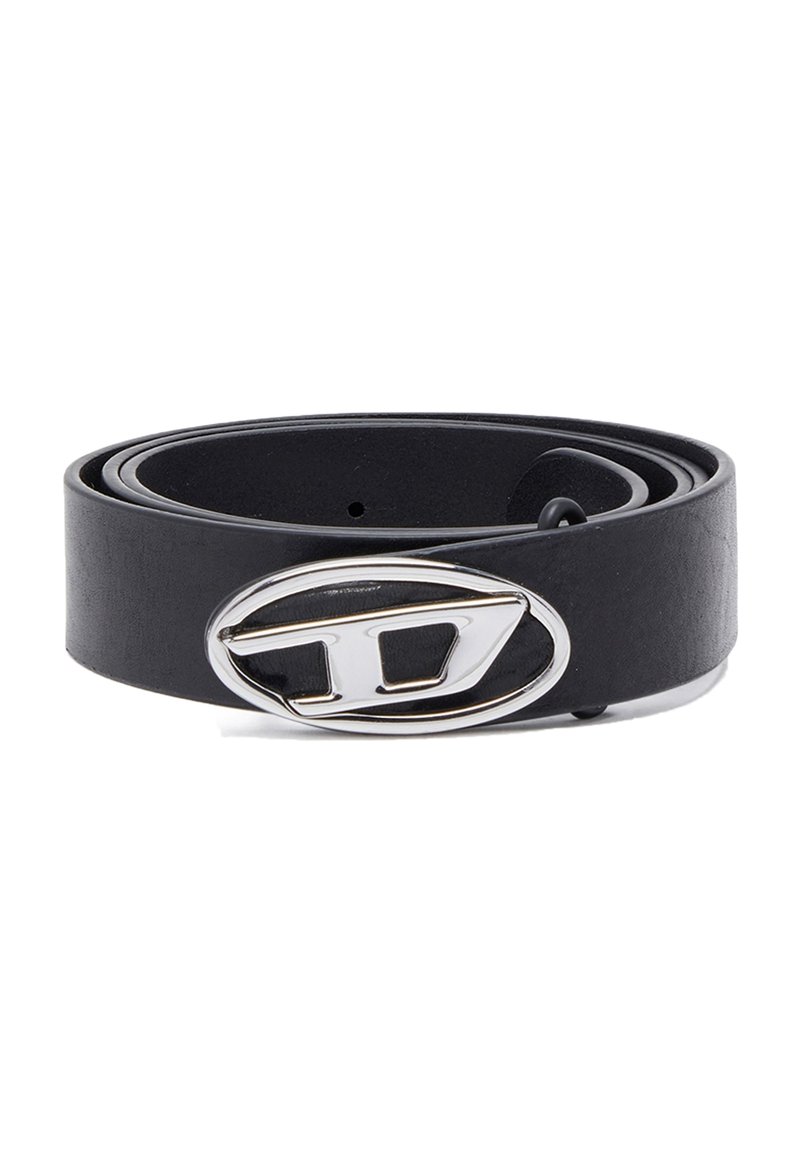 Black leather belt with a shiny silver oval buckle featuring a stylized logo. Smooth texture, roll design, and multiple adjustment holes.
