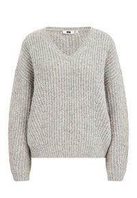 Grauer Strickpullover mit V-Ausschnitt, langen Ärmeln und lockerem Sitz. Strukturmuster mit Rippung an Bündchen und Saum.