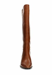 Botte en cuir brun jusqu'au genou avec un bout pointu, texture lisse et tige ajustée. La semelle a un léger talon et est arrondie au bout.