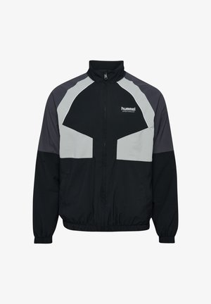 Must musta ja halli sportlik jakk, millel on lukuga esiküljel, kõrge krae, elastsed mansetid ja kaks küljetaskut; omab geomeetrilist mustrit ja logo.
