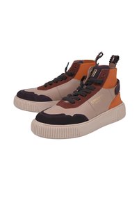 High-top sneakers featuring a beige synthetic upper with brown, orange, and dark purple accents. Textured sole with a ribbed pattern.