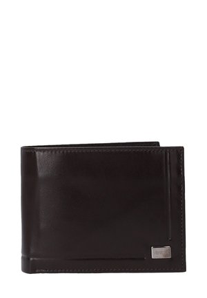 Brown leather wallet with a smooth texture, bi-fold design, visible card slots, and a silver logo plate on the bottom right corner.