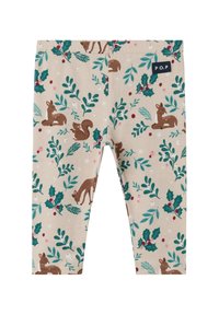 Beige peuterleggingen met groene hulstbladeren, rode bessen en bruine bosdieren, waaronder herten en eekhoorns, met een P.O.P logo patch.
