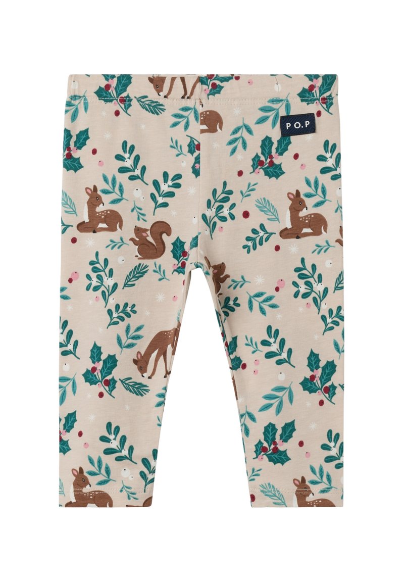 Beige peuterleggingen met groene hulstbladeren, rode bessen en bruine bosdieren, waaronder herten en eekhoorns, met een P.O.P logo patch.