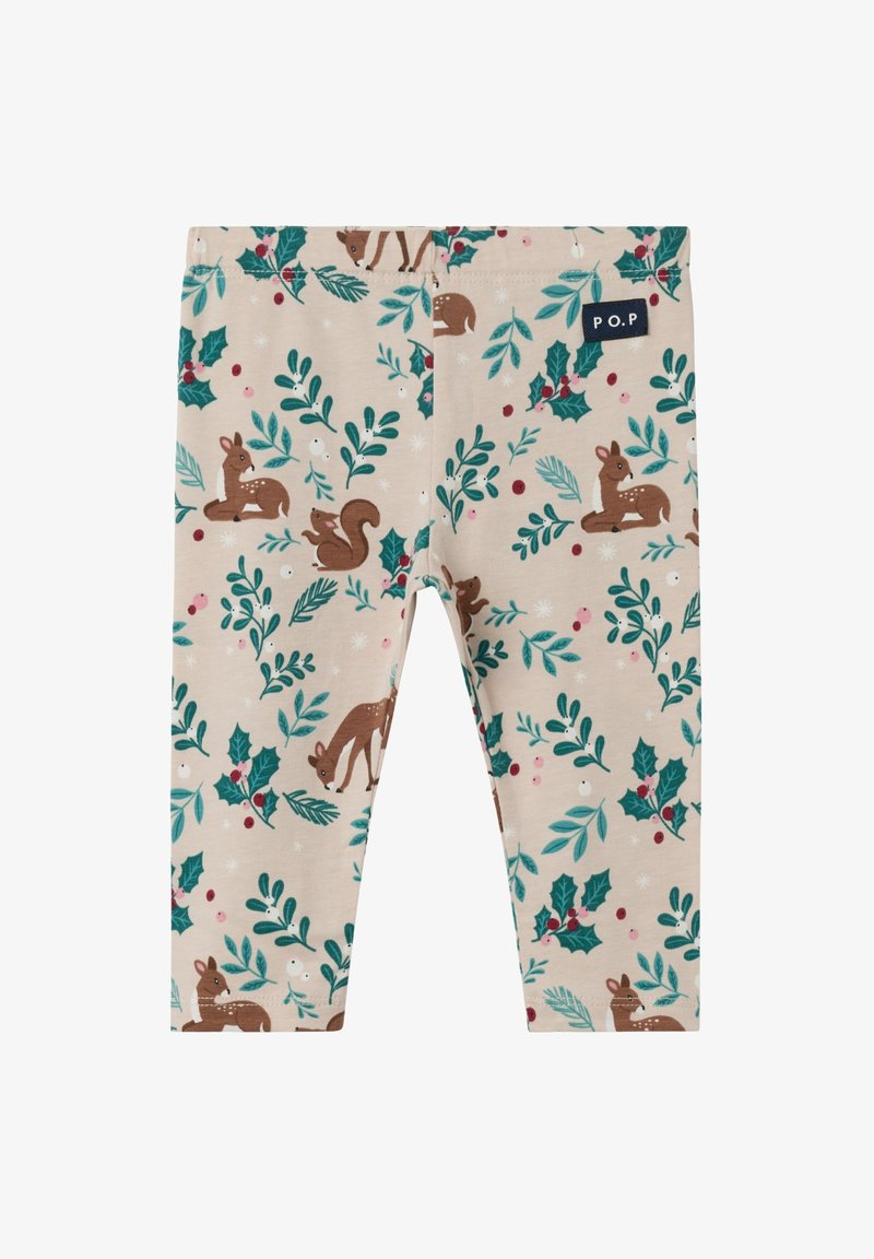Beige peuterleggingen met groene hulstbladeren, rode bessen en bruine bosdieren, waaronder herten en eekhoorns, met een P.O.P logo patch.
