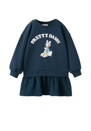 Robe bleu marine à manches longues avec ourlet à volants, présentant un personnage de canard cartoon assis et le texte « PRETTY DAISY » sur la poitrine.