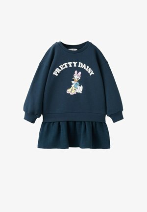 Robe bleu marine à manches longues avec ourlet à volants, présentant un personnage de canard cartoon assis et le texte « PRETTY DAISY » sur la poitrine.