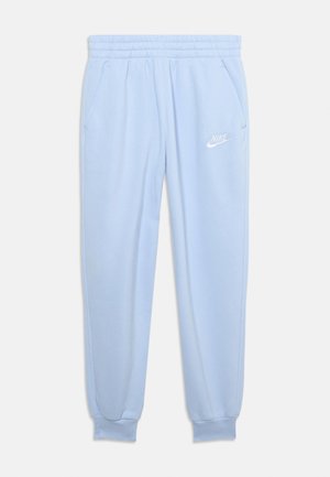 Lyseblå Nike joggingbukser med elastisk talje og manchetter, sidelommer og hvid Nike-logo på venstre lår.
