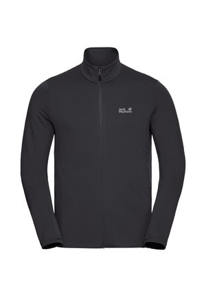 Schwarze Fleecejacke mit Reißverschluss und langen Ärmeln, mit strukturiertem Muster und kleinem Logo auf der linken Brustseite.