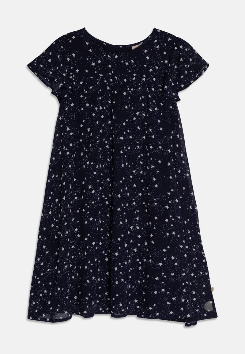 Marineblaues Kleid mit kurzen Ärmeln, rundem Ausschnitt und weißem Sternenmuster. Fließende Form mit Raffungen an der Brust, leichter Stoff.