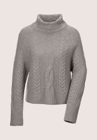 Hellgrauer Strickpullover mit hohem Stehkragen, gerippten Bündchen und strukturierten Kabelmustern. Kurz geschnittenes Design.