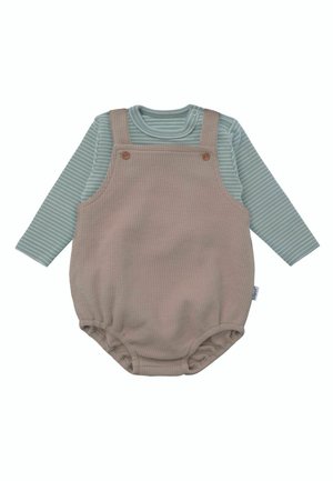 Tan plaid overalls with wooden buttons paired with a light blue and white striped long-sleeve shirt. Cotton material, soft texture.