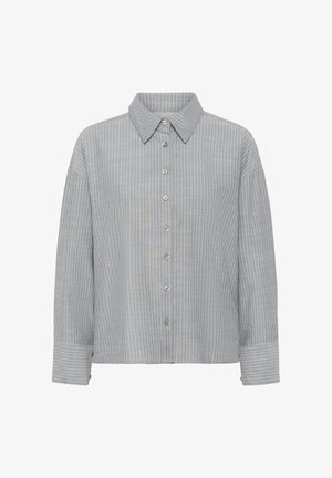 Grijs overhemd met lange mouwen, knoopsluiting, witte verticale strepen, brede manchetten en een puntige kraag.