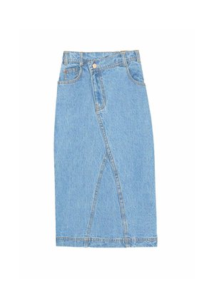 Lyseblå denim midi nederdel med front wrap-design, bæltestropper, frontlommer og knaplukning i taljen.