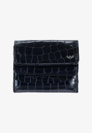 Portefeuille noir brillant avec texture crocodile et un petit emblème argenté ailé sur le rabat avant.