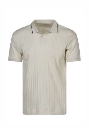 Polo à manches courtes couleur crème avec une texture verticale subtile et un petit col orné d'un détail de bordure foncée.
