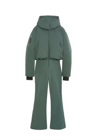 Green padded jumpsuit with a high collar, long sleeves, and zippered front. Has side pockets and contrasting black sleeve cuffs.