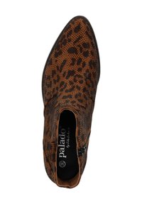 Brown pointed toe ankle boot with black leopard print pattern, side zipper, and "palado" brand label inside.