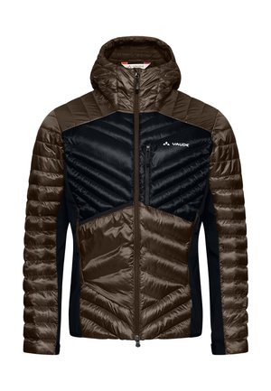 Braune und schwarze isolierte Jacke mit Kapuze, ausgestattet mit geometrischen gesteppten Mustern, Reißverschlusstaschen und einer leichten, glatten Textur.