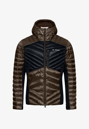 Bronzen en zwarte geïsoleerde jas met een capuchon, voorzien van geometrische gestikte patronen, ritszakken en een lichte, gladde textuur.