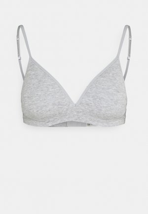 Grijze katoenen bralette met een driehoekige vorm, dunne verstelbare bandjes en een comfortabele band. Getextureerd materiaal met een lichtgewicht ontwerp.