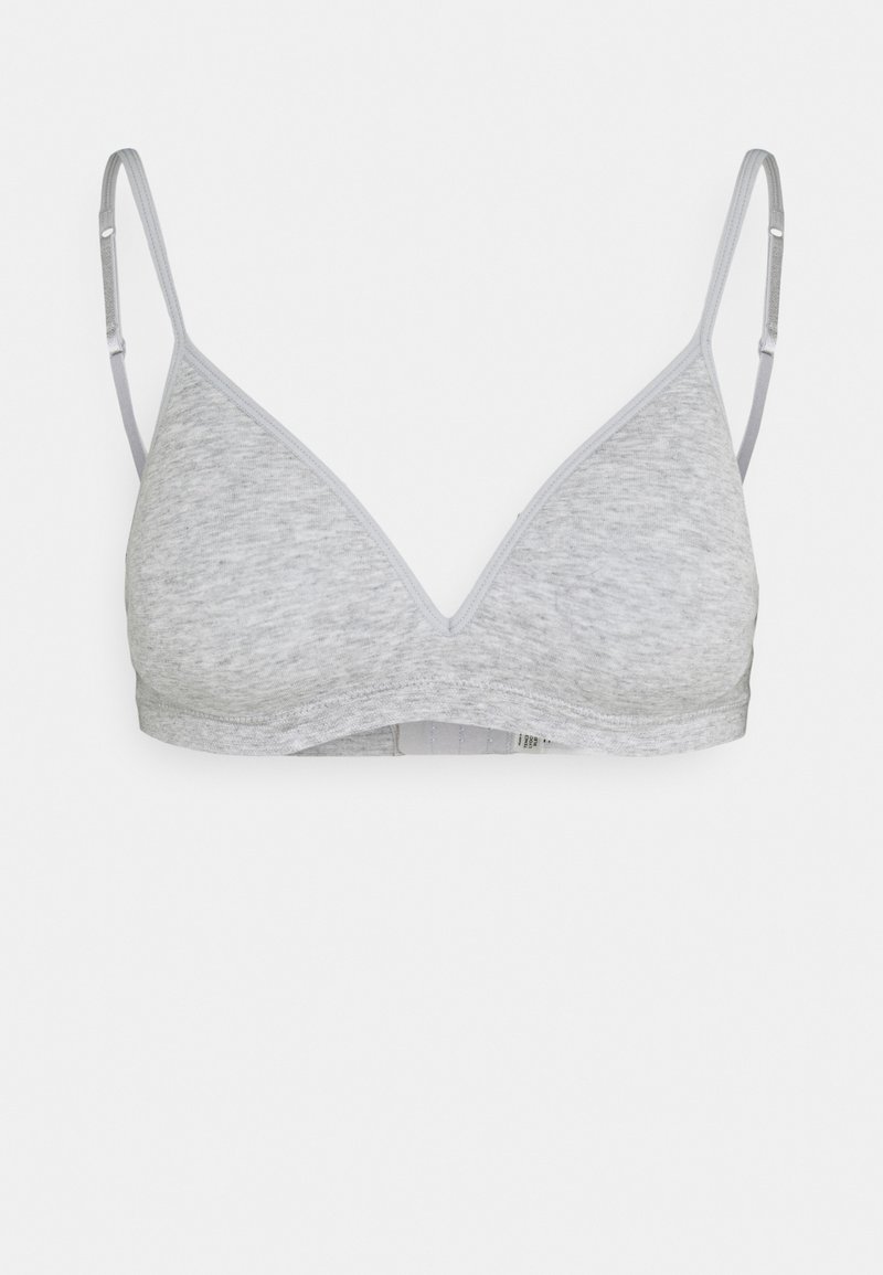 Grauer Baumwoll-Bralette mit dreieckiger Form, dünnen verstellbaren Trägern und einem bequemen Unterband. Strukturiertes Material mit leichtem Design.