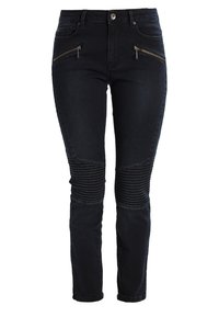 Černé džíny slim fit, s předními kapsami na zip, zakulacenými koleny a hladkým povrchem po celém obvodu.